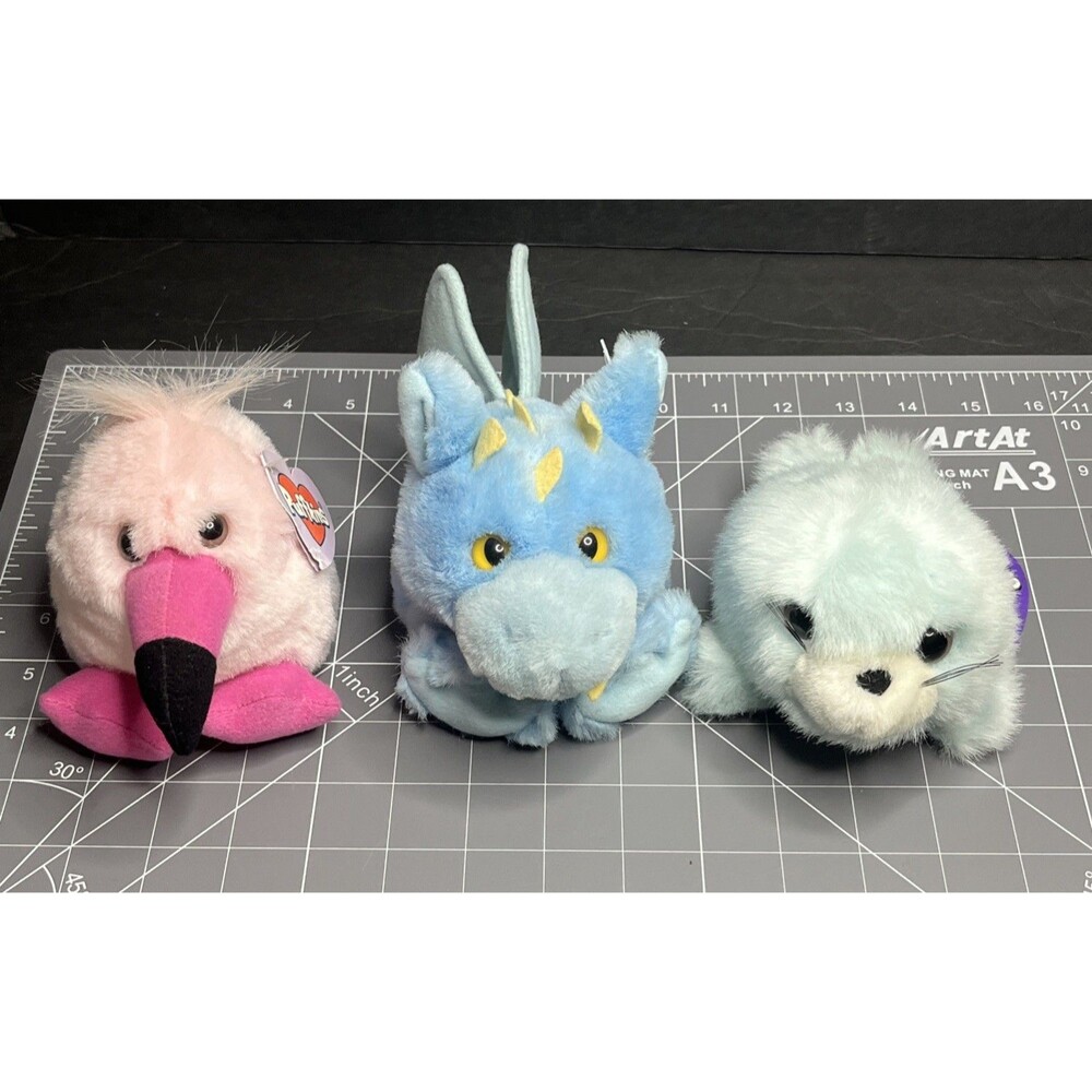 Vintage Swibco Puffkins Plush Lot of 3 Dragon, Flo Flamingo And Blue Seal